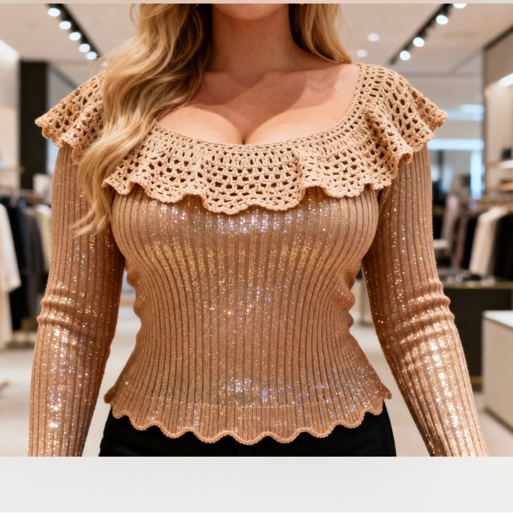 Ralph Lauren Gold Sequin Knit Top with Crochet Detail Size P green label